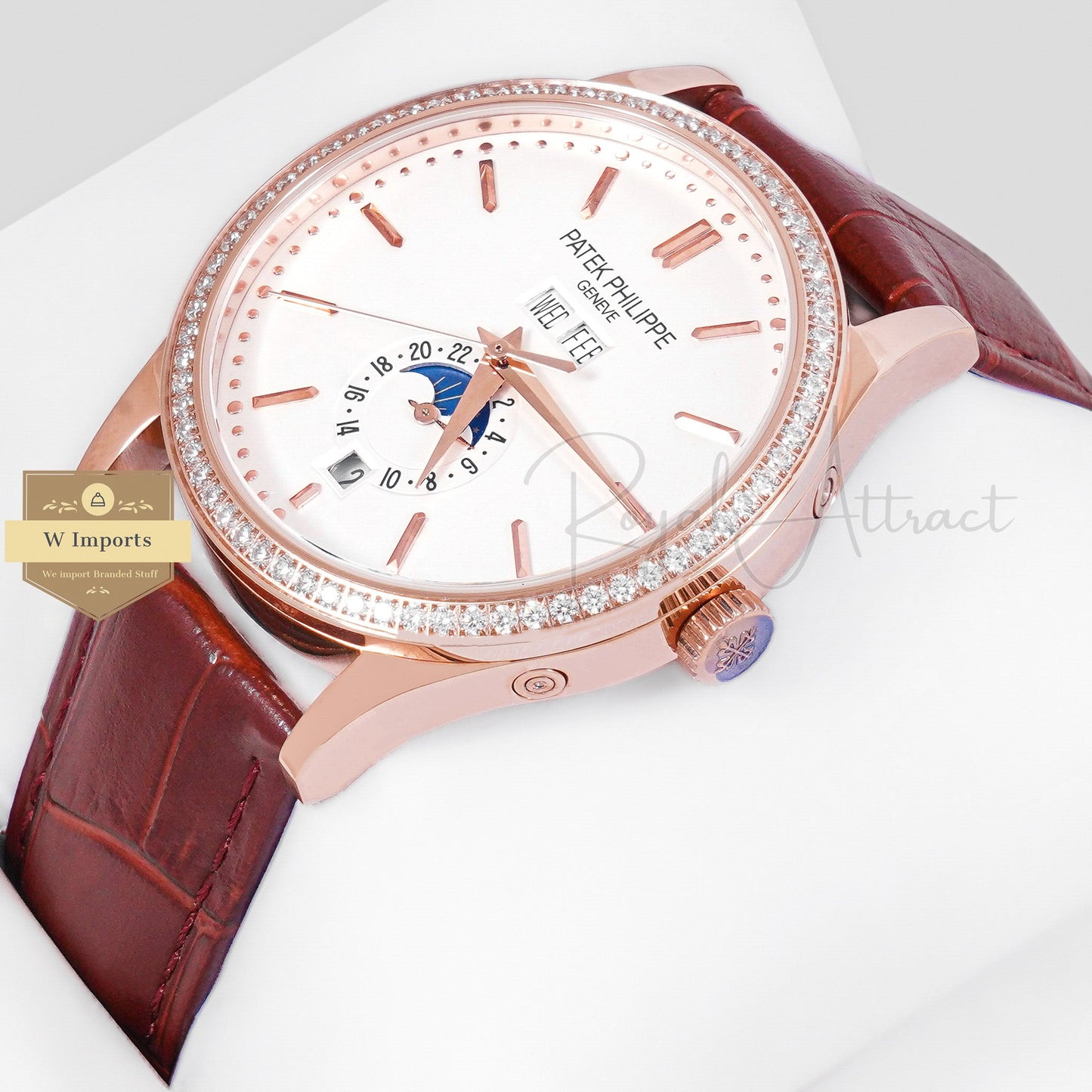 LATEST COLLECTION ANNUAL CALENDAR MOON PHASE ROSE GOLD CASE WITH WHITE DIAL STONE BEZEL & LEATHER STRAP