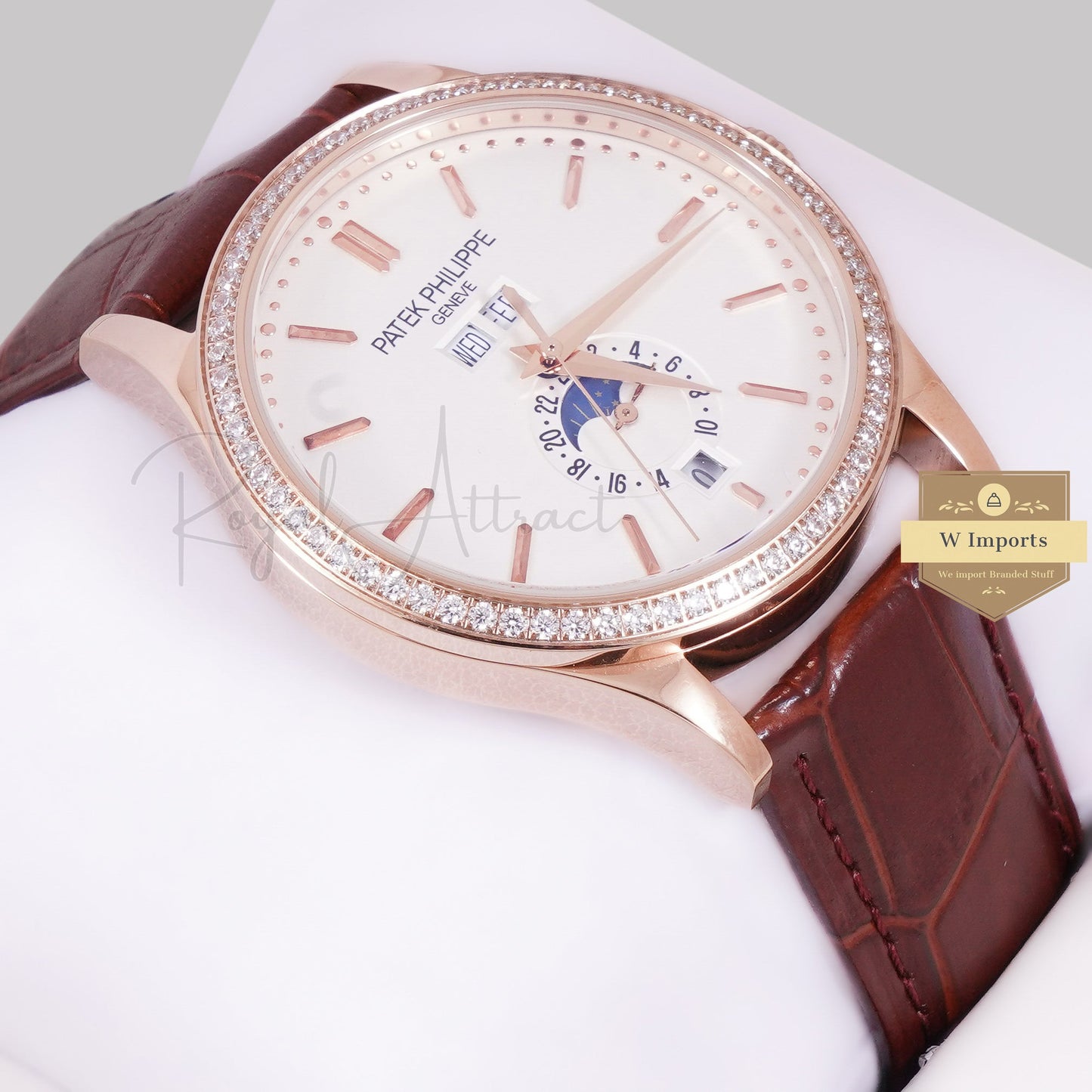 LATEST COLLECTION ANNUAL CALENDAR MOON PHASE ROSE GOLD CASE WITH WHITE DIAL STONE BEZEL & LEATHER STRAP