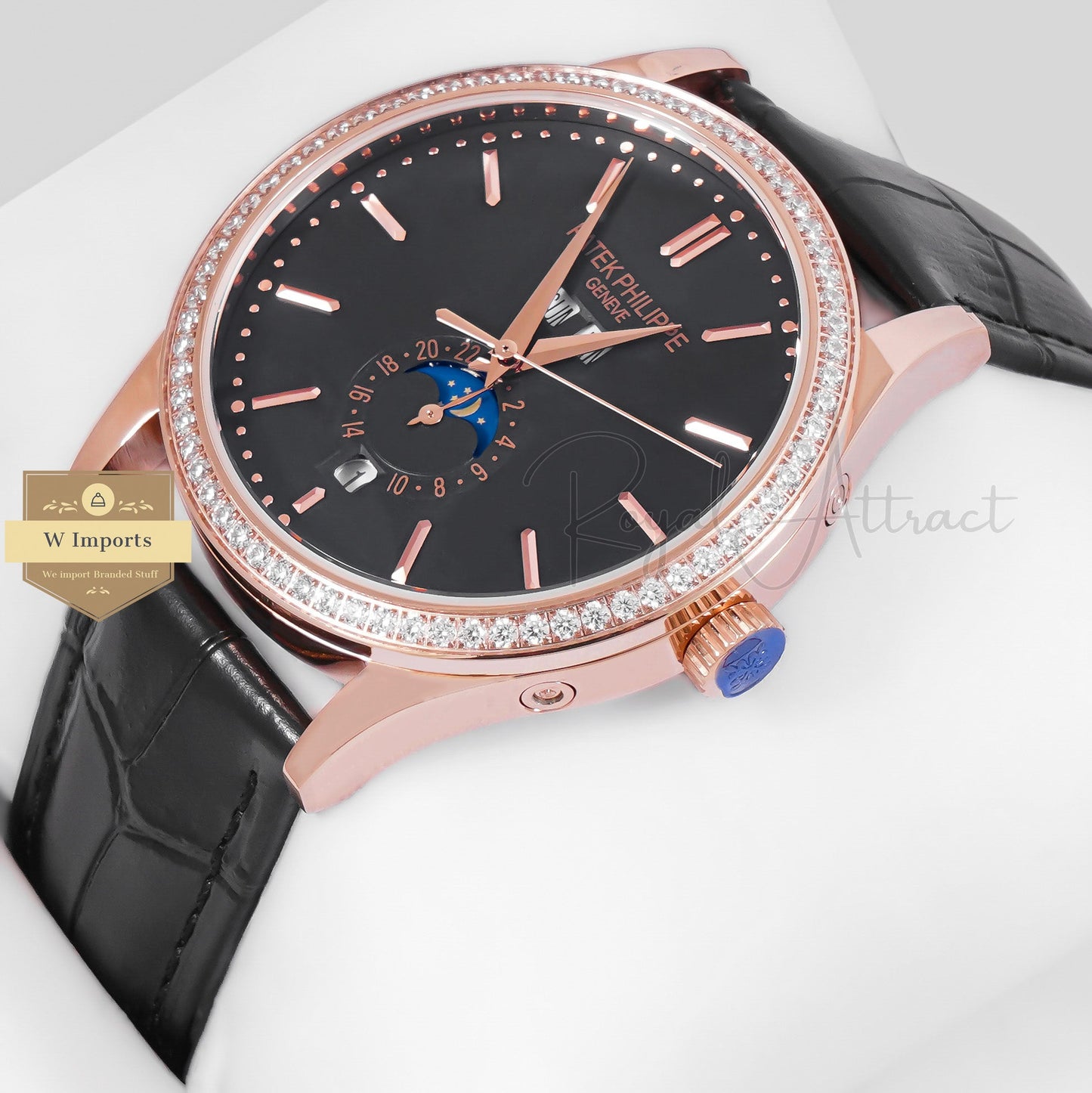 LATEST COLLECTION ANNUAL CALENDAR MOON PHASE ROSE GOLD CASE WITH BLACK DIAL STONE BEZEL & LEATHER STRAP