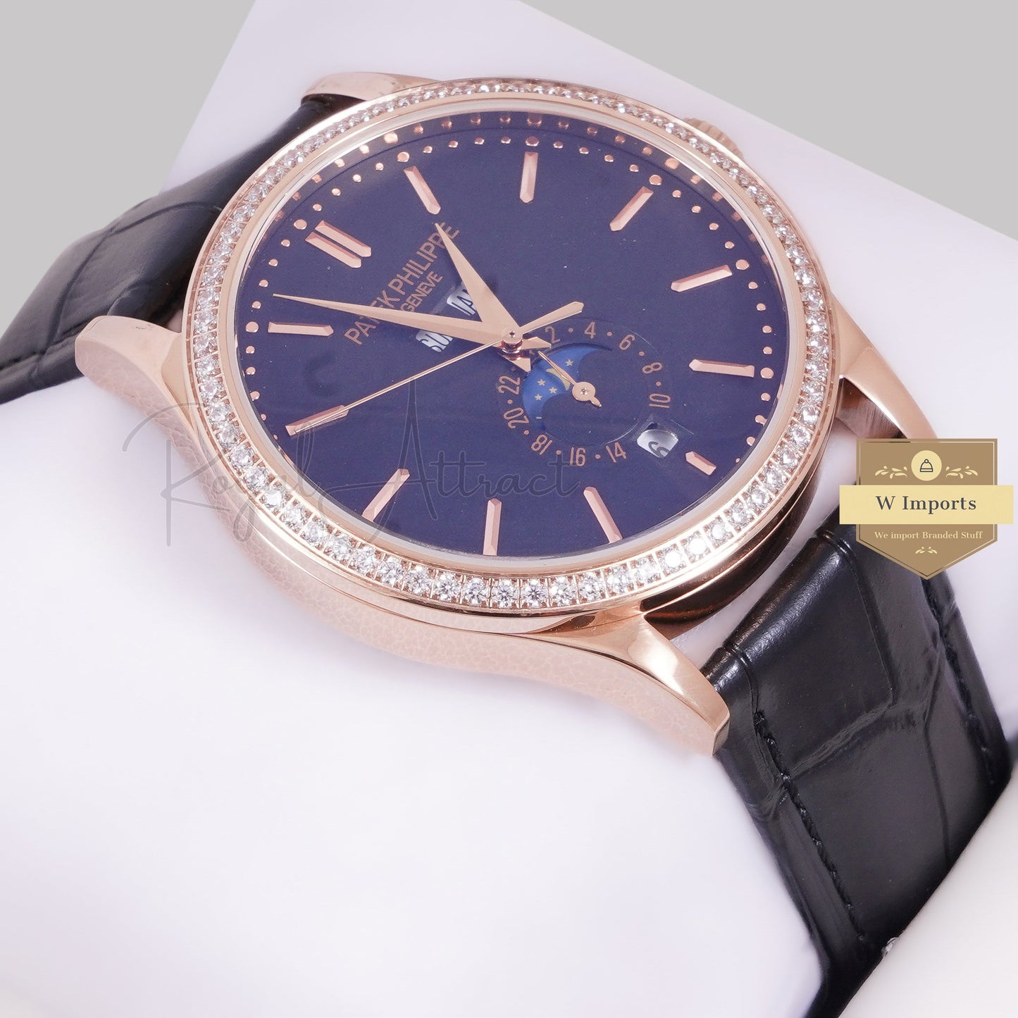 LATEST COLLECTION ANNUAL CALENDAR MOON PHASE ROSE GOLD CASE WITH BLACK DIAL STONE BEZEL & LEATHER STRAP