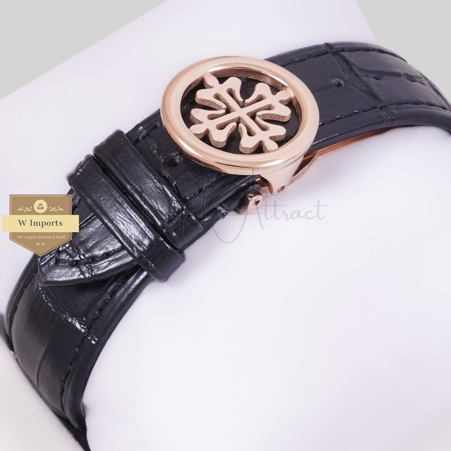 LATEST COLLECTION ANNUAL CALENDAR MOON PHASE ROSE GOLD CASE WITH BLACK DIAL STONE BEZEL & LEATHER STRAP