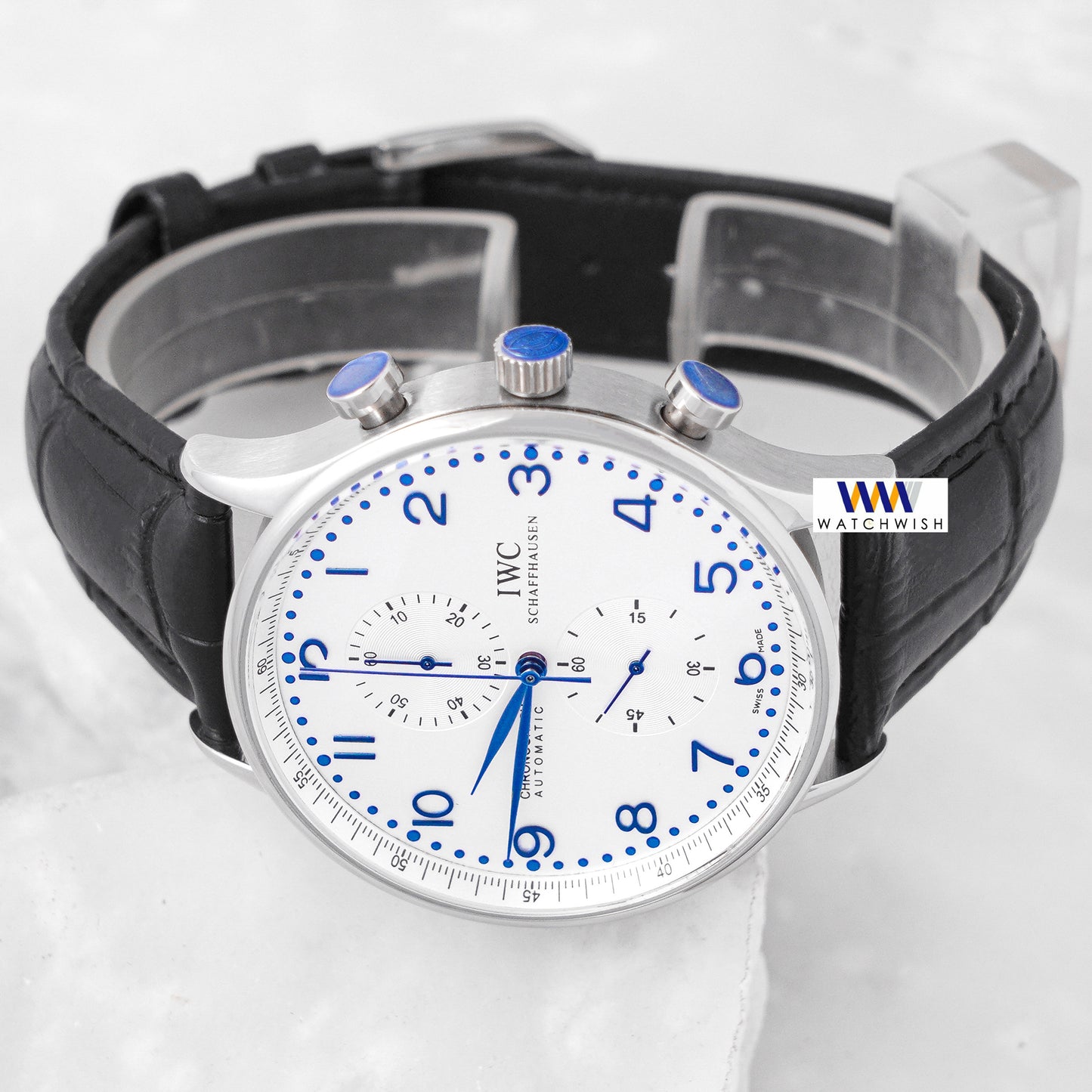 Latest Collection Chronograph Silver Case With White Dial & Black Leather Strap