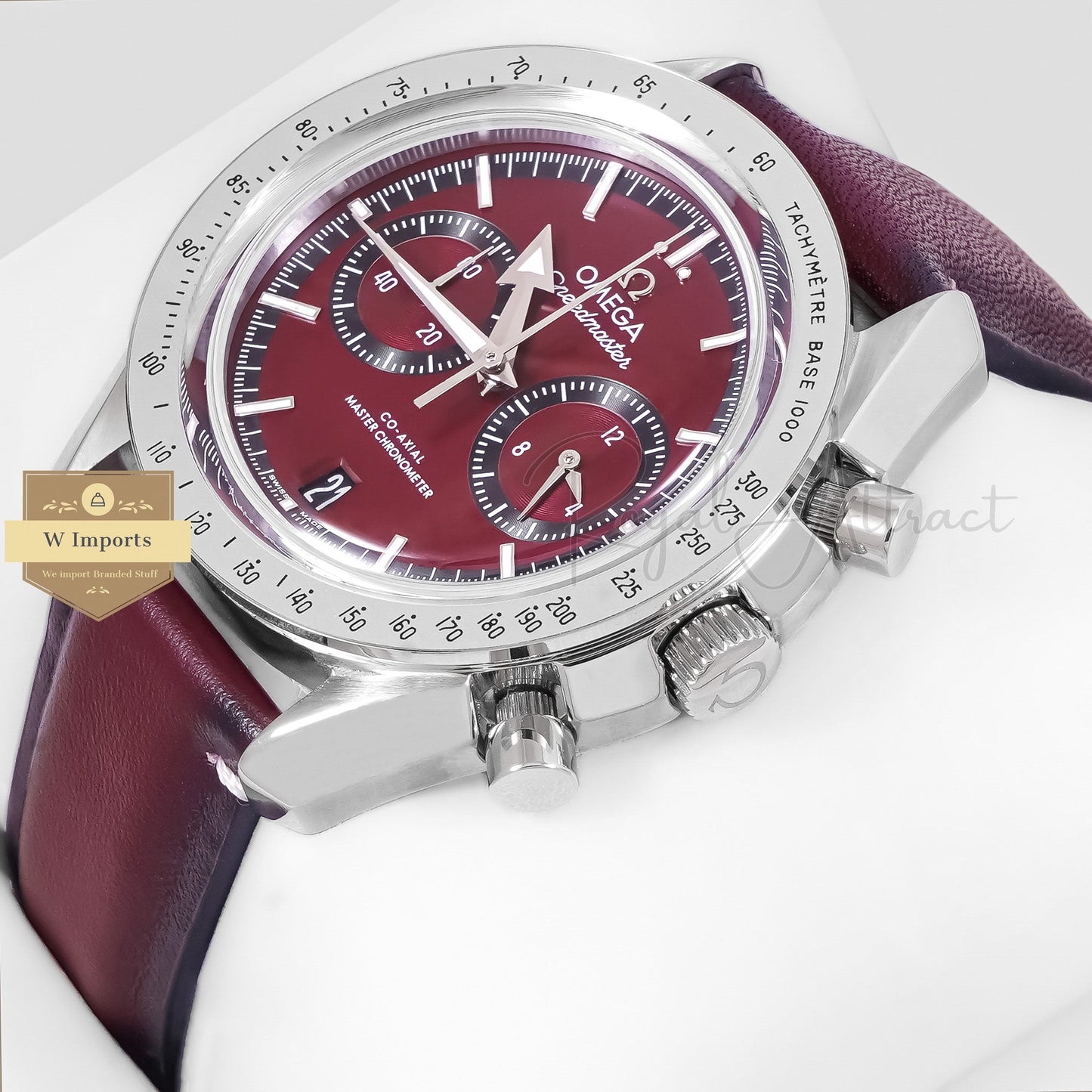 LATEST COLLECTION CHRONOGRAPH SILVER CASE WITH MAROON DIAL AND LEATHER STRAP WATCH