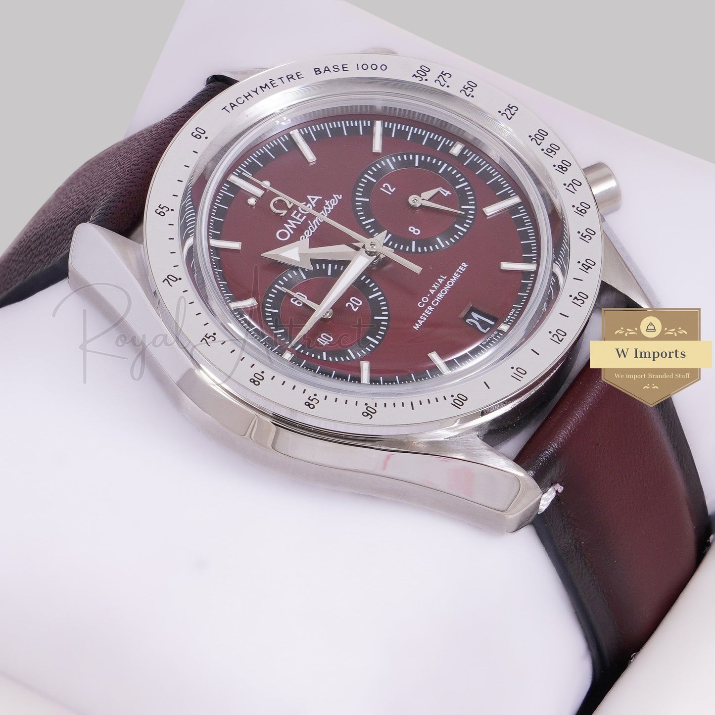 LATEST COLLECTION CHRONOGRAPH SILVER CASE WITH MAROON DIAL AND LEATHER STRAP WATCH