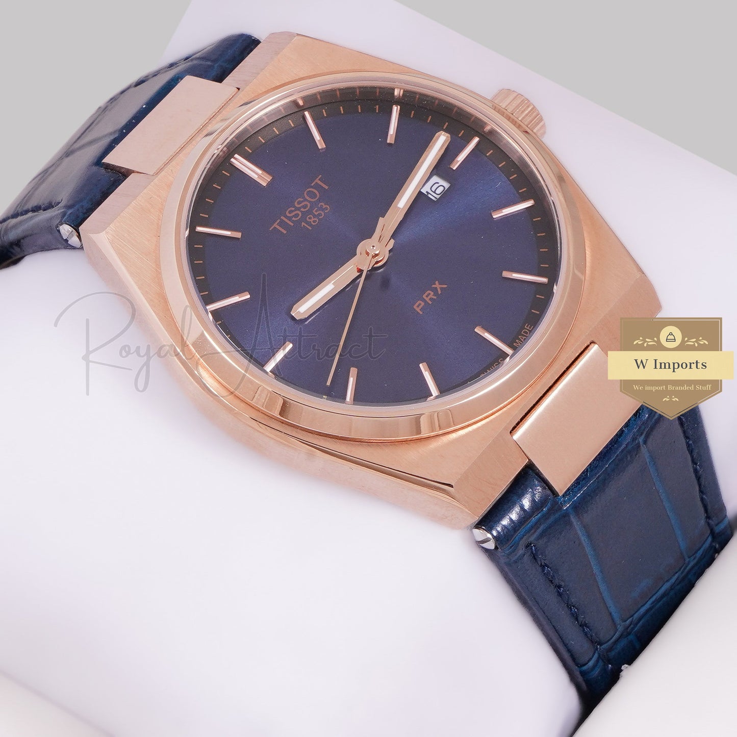LATEST COLLECTION PRX ROSE GOLD CASE WITH BLUE PLAIN DIAL & LEATHER STRAP