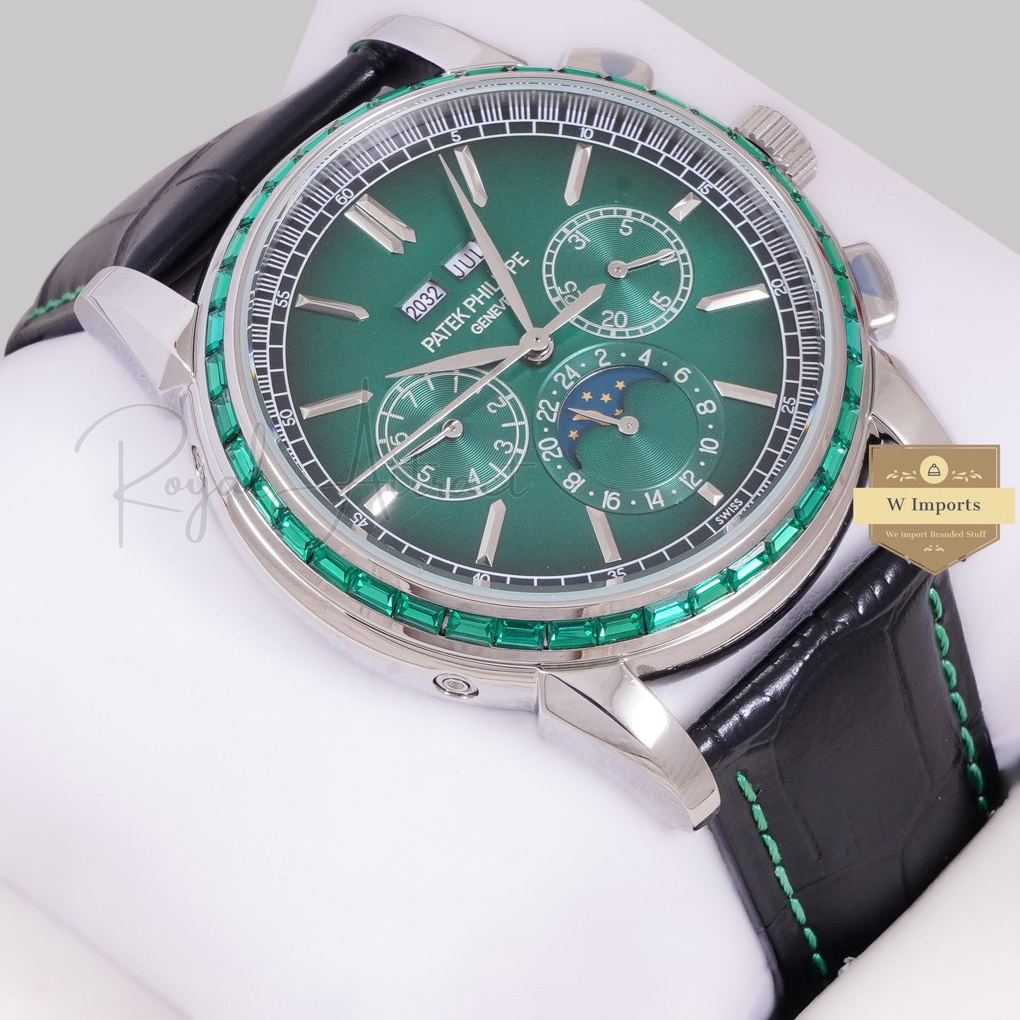 LATEST COLLECTION CHRONOGRAPH SILVER CASE WITH SEA GREEN DIAL & BLACK LEATHER STRAP