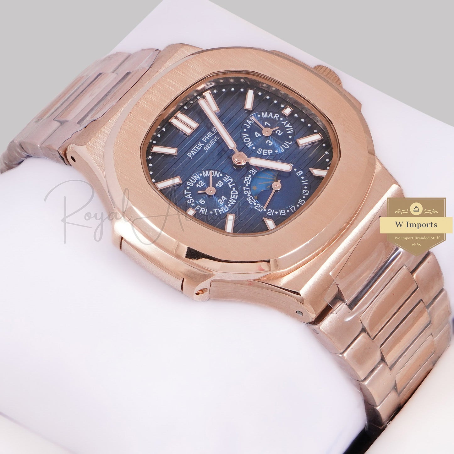 LATEST COLLECTION MOON PHASE CHRONOGRAPH ROSE GOLD CASE WITH BLUE DIAL AUTOMATIC WATCH