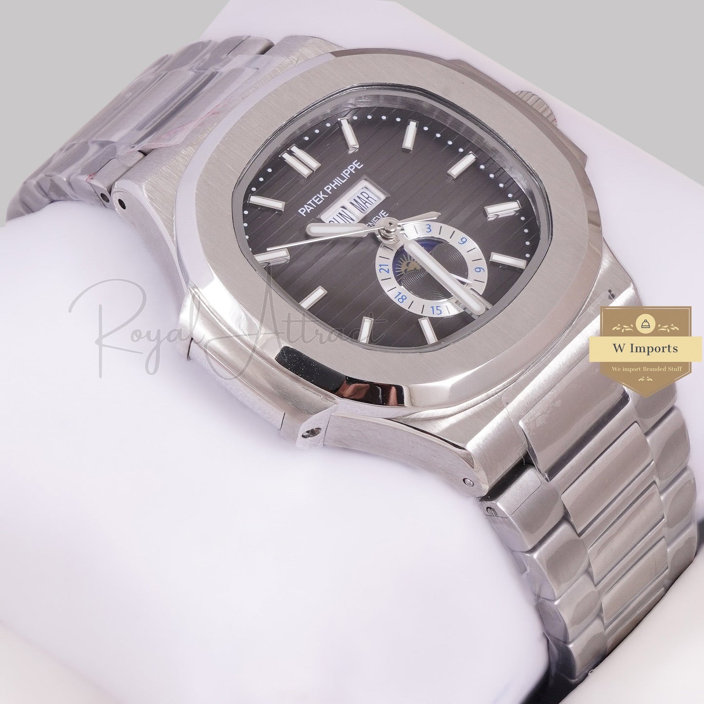 LATEST COLLECTION MOON PHASE SILVER WITH CHARCOAL GRAY DIAL AUTOMATIC WATCH