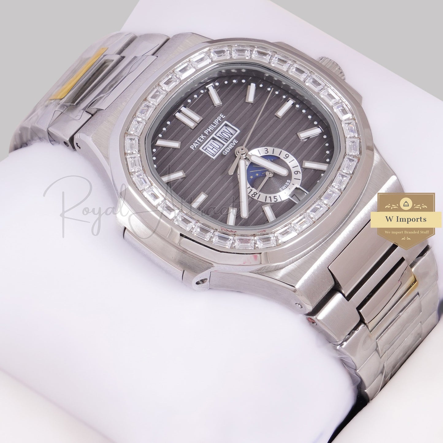 LATEST COLLECTION ANNUAL CALENDAR MOON PHASE SILVER WITH CHARCOAL GRAY DIAL AUTOMATIC WATCH