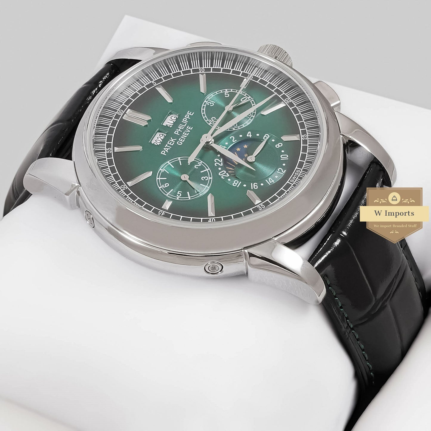 LATEST COLLECTION CHRONOGRAPH SILVER CASE WITH SEA GREEN DIAL & BLACK LEATHER STRAP