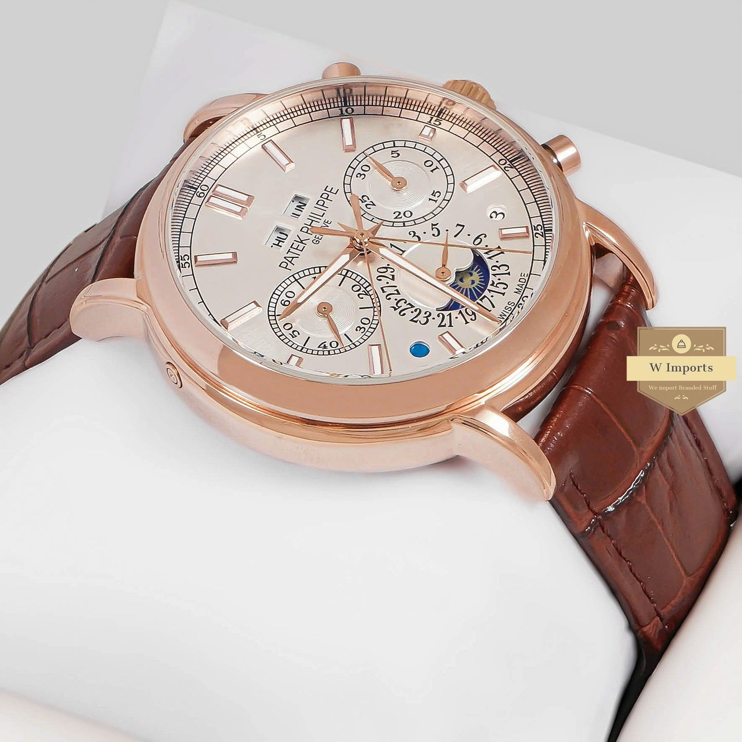 LATEST COLLECTION CHRONOGRAPH ROSE GOLD CASE WITH SILVER DIAL & LEATHER STRAP
