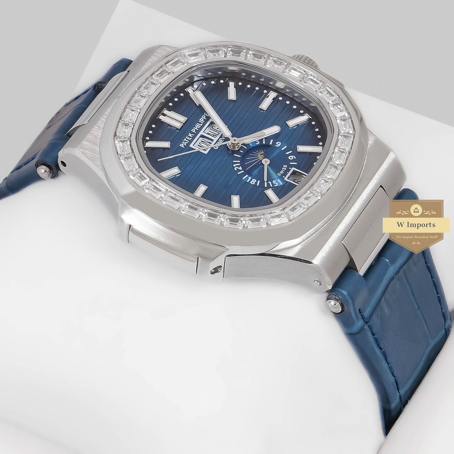 LATEST COLLECTION ANNUAL CALENDAR MOON PHASE SILVER CASE WITH BLUE DIAL AUTOMATIC WATCH