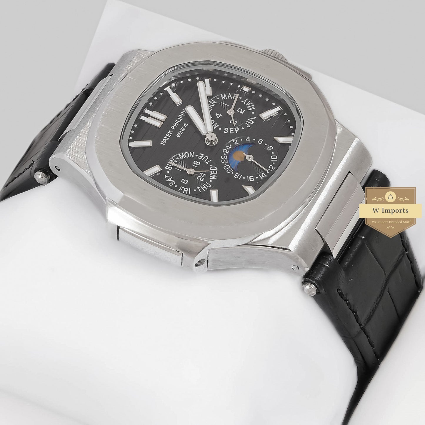 LATEST COLLECTION CHRONOGRAPH SILVER CASE WITH BLACK DIAL & LEATHER STRAP