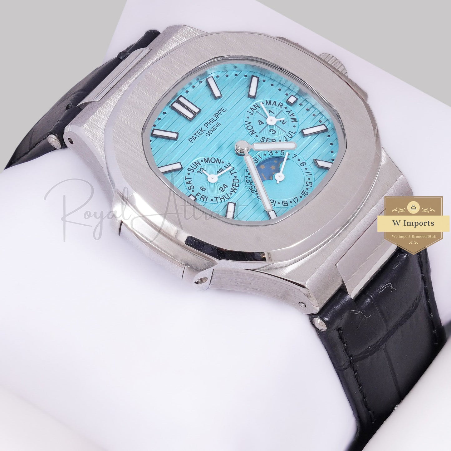 LATEST COLLECTION MOON PHASE CHRONOGRAPH SILVER CASE WITH BLUE DIAL STRAP WATCH