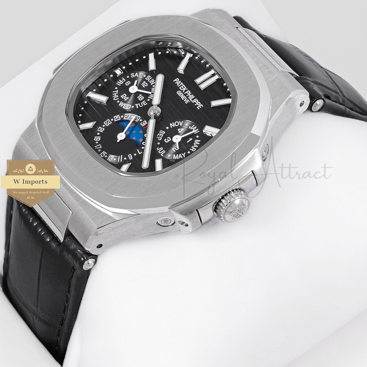 LATEST COLLECTION MOON PHASE CHRONOGRAPH SILVER CASE WITH BLACK DIAL STRAP WATCH