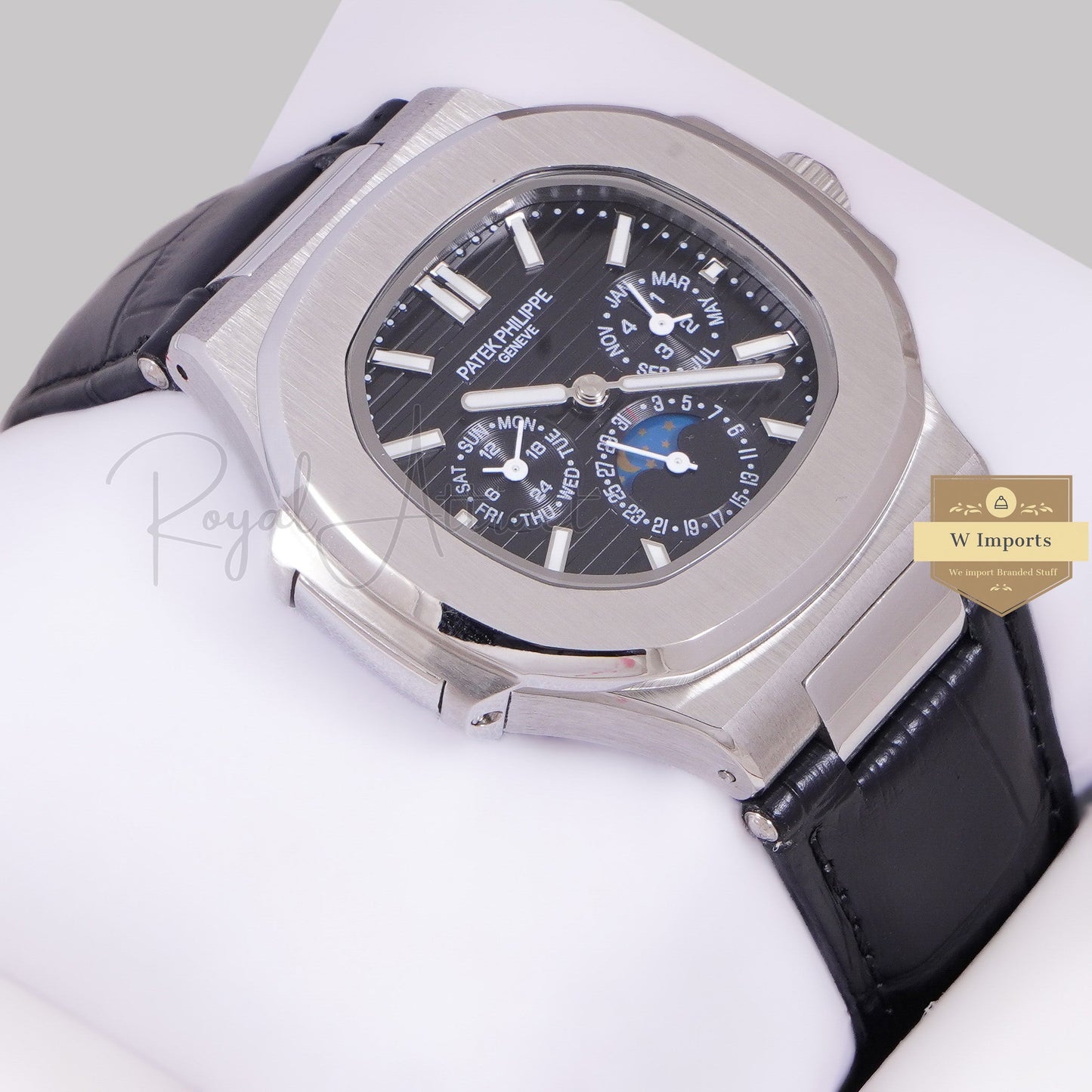 LATEST COLLECTION MOON PHASE CHRONOGRAPH SILVER CASE WITH BLACK DIAL STRAP WATCH