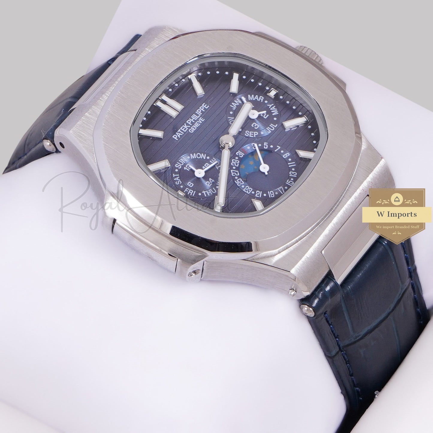 LATEST COLLECTION MOON PHASE CHRONOGRAPH SILVER CASE WITH BLUE DIAL STRAP WATCH