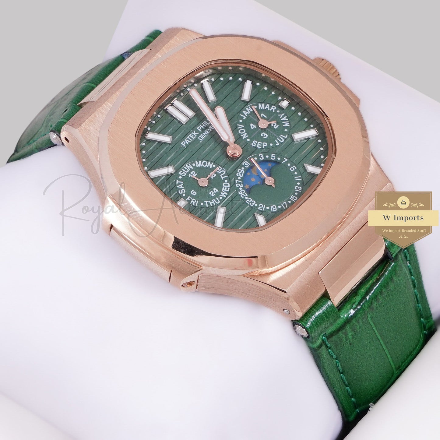 LATEST COLLECTION MOON PHASE CHRONOGRAPH ROSE GOLD CASE WITH GREEN DIAL STRAP WATCH