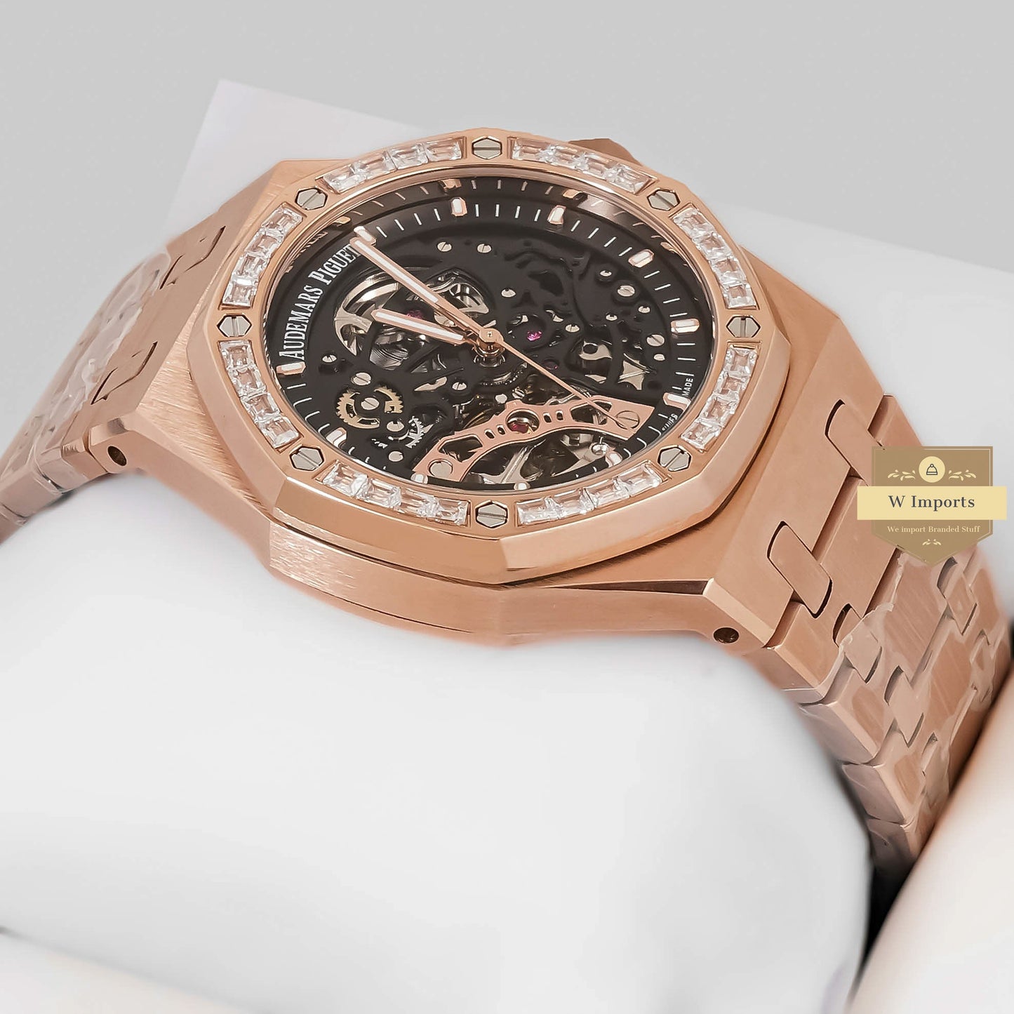 LATEST COLLECTION ROSE GOLD WITH BLACK SKELETON DIAL & STONE BEZEL