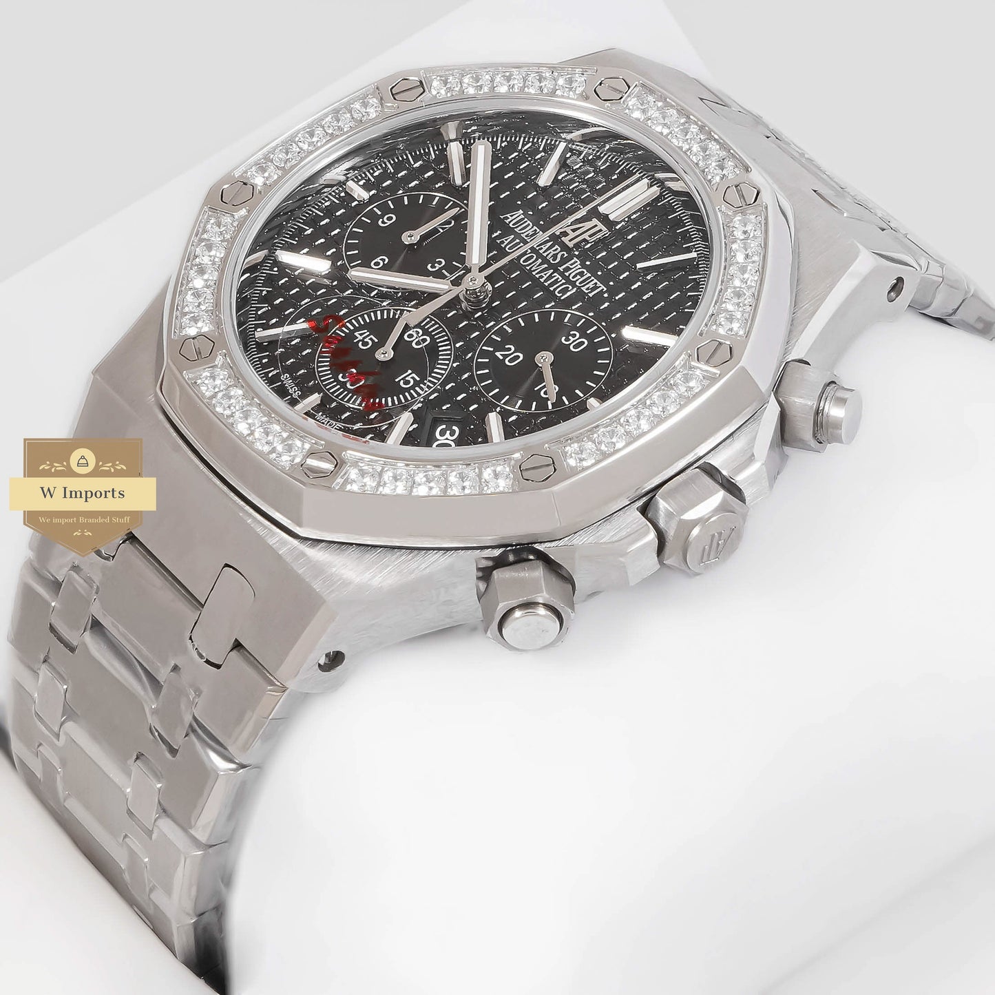 LATEST COLLECTION CHRONOGRAPH SILVER WITH BLACK DIAL & STONE BEZEL