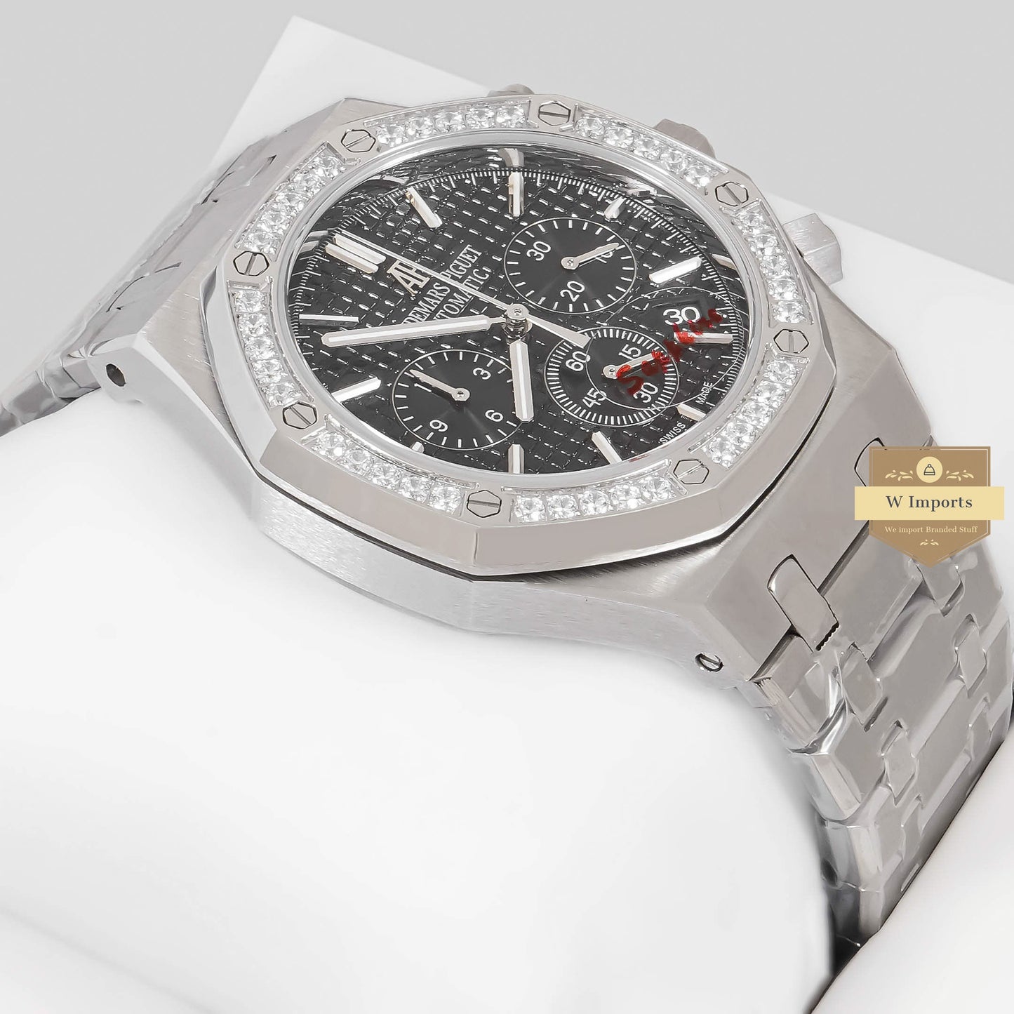 LATEST COLLECTION CHRONOGRAPH SILVER WITH BLACK DIAL & STONE BEZEL