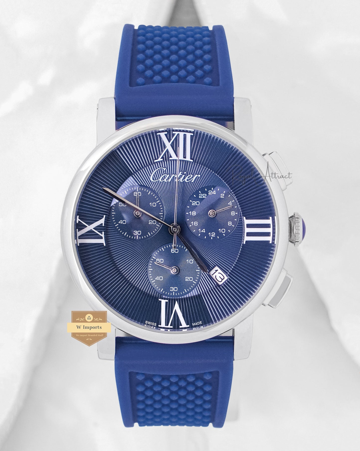 LATEST COLLECTION CHRONOGRAPH SILVER CASE WITH BLUE DIAL AND PVC STRAP