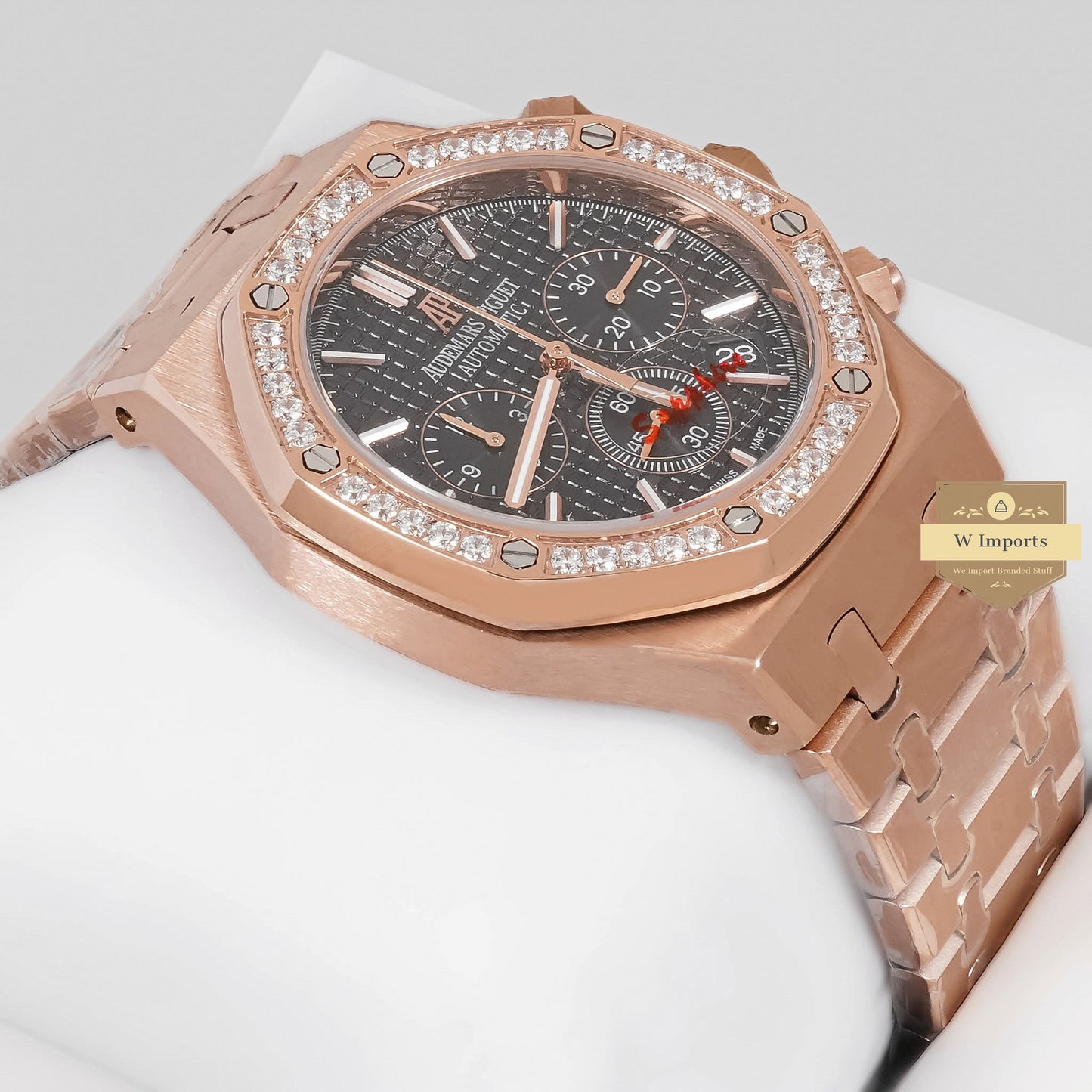LATEST COLLECTION CHRONOGRAPH ROSE GOLD WITH BLACK DIAL & STONE BEZEL