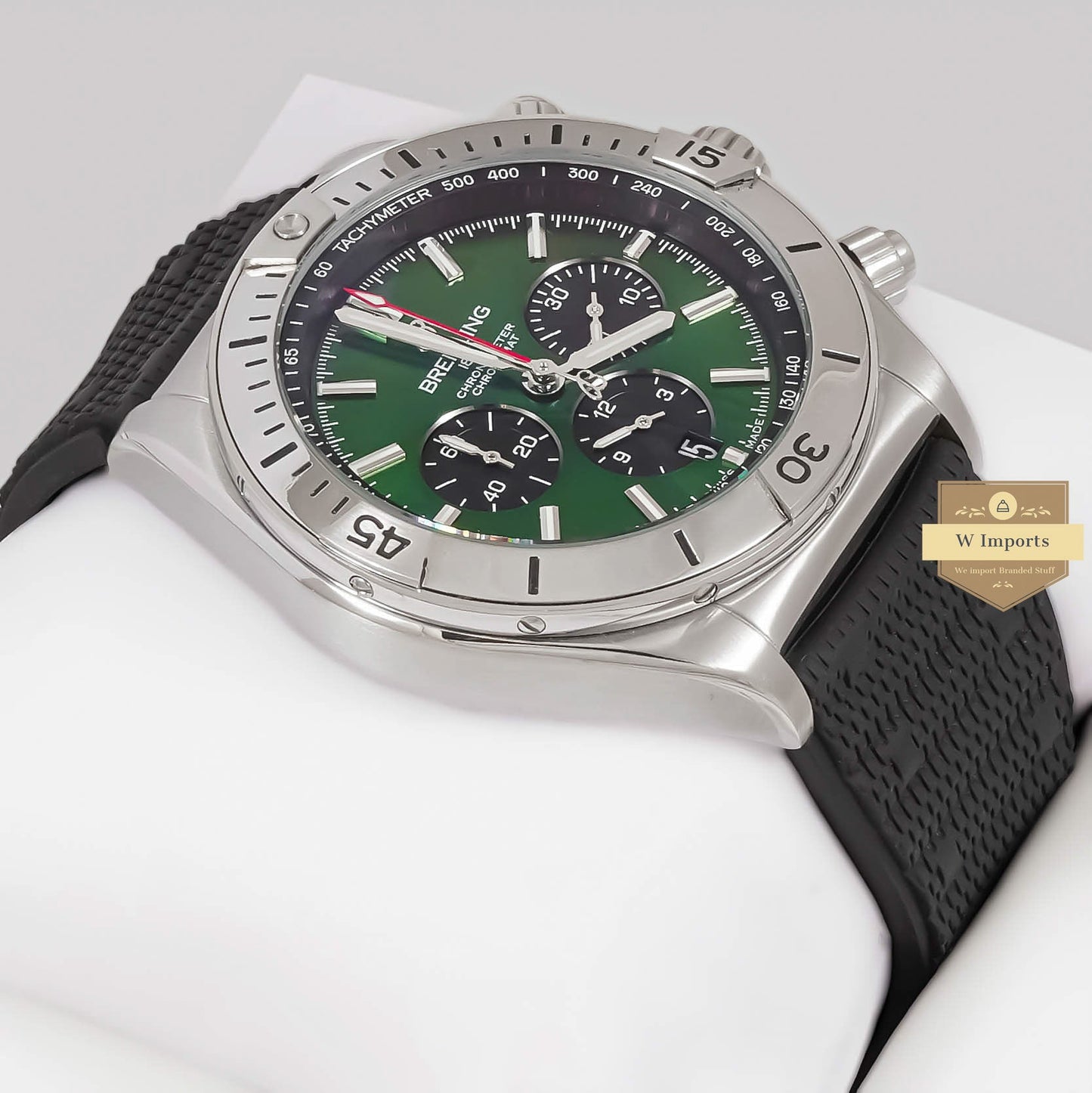 LATEST COLLECTION CHRONOGRAPH SILVER WITH GREEN DIAL AND BLACK PVC STRAP