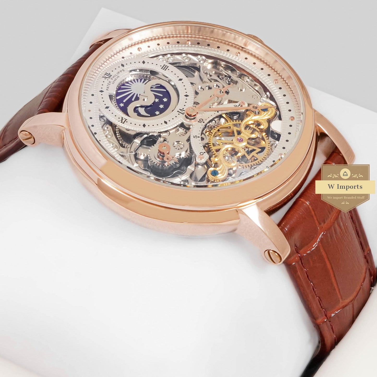 LATEST COLLECTION TOURBILLON MOON PHASE ROSE GOLD CASE WITH SKELETON DIAL & BROWN LEATHER STRAP