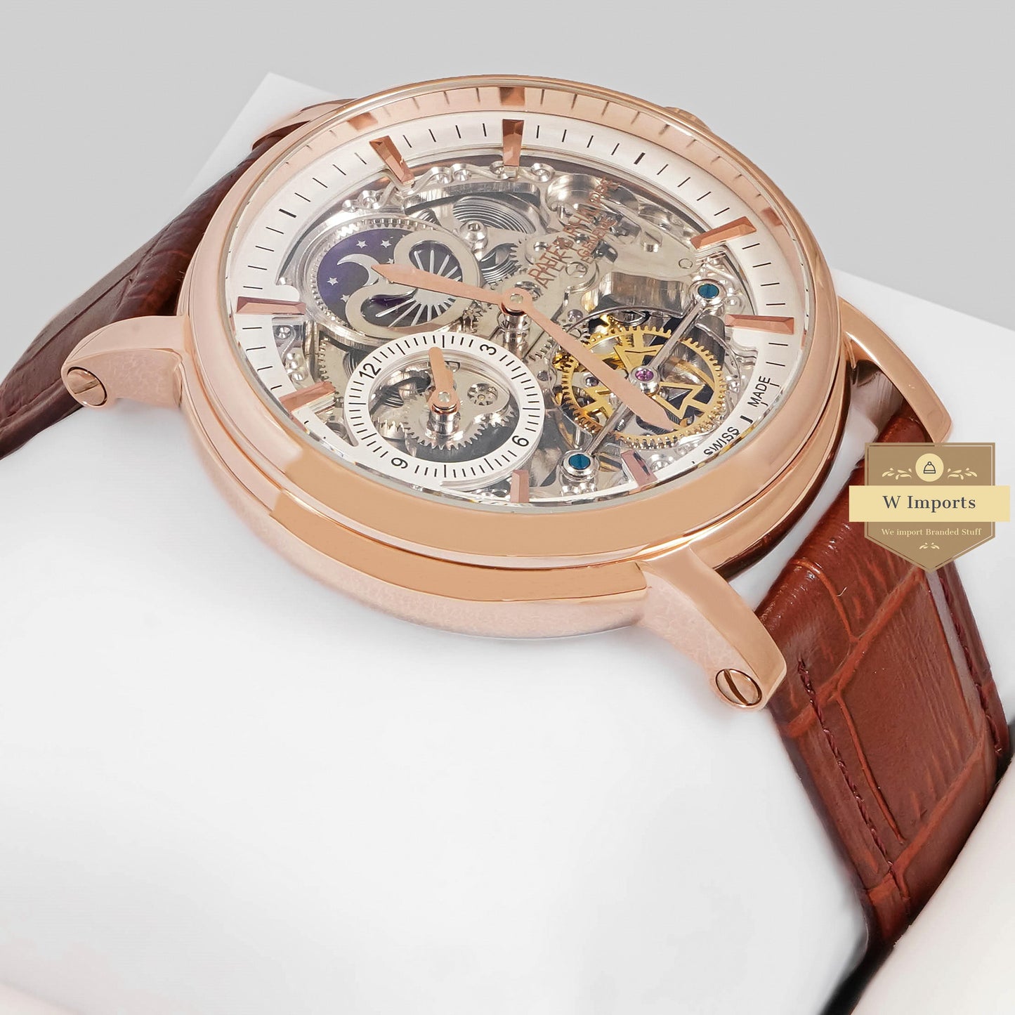 LATEST COLLECTION TOURBILLON MOON PHASE ROSE GOLD CASE WITH SKELETON DIAL & BROWN LEATHER STRAP