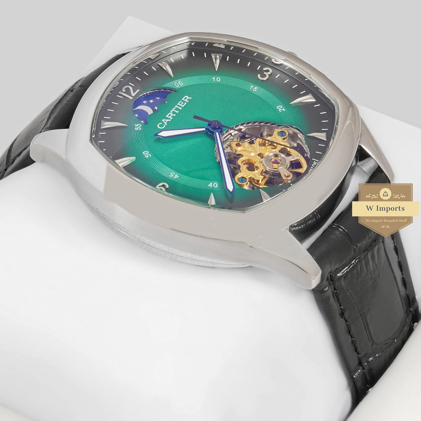 LATEST COLLECTION TOURBILLON GREEN DIAL WITH SILVER CASE & BLACK LEATHER STRAP