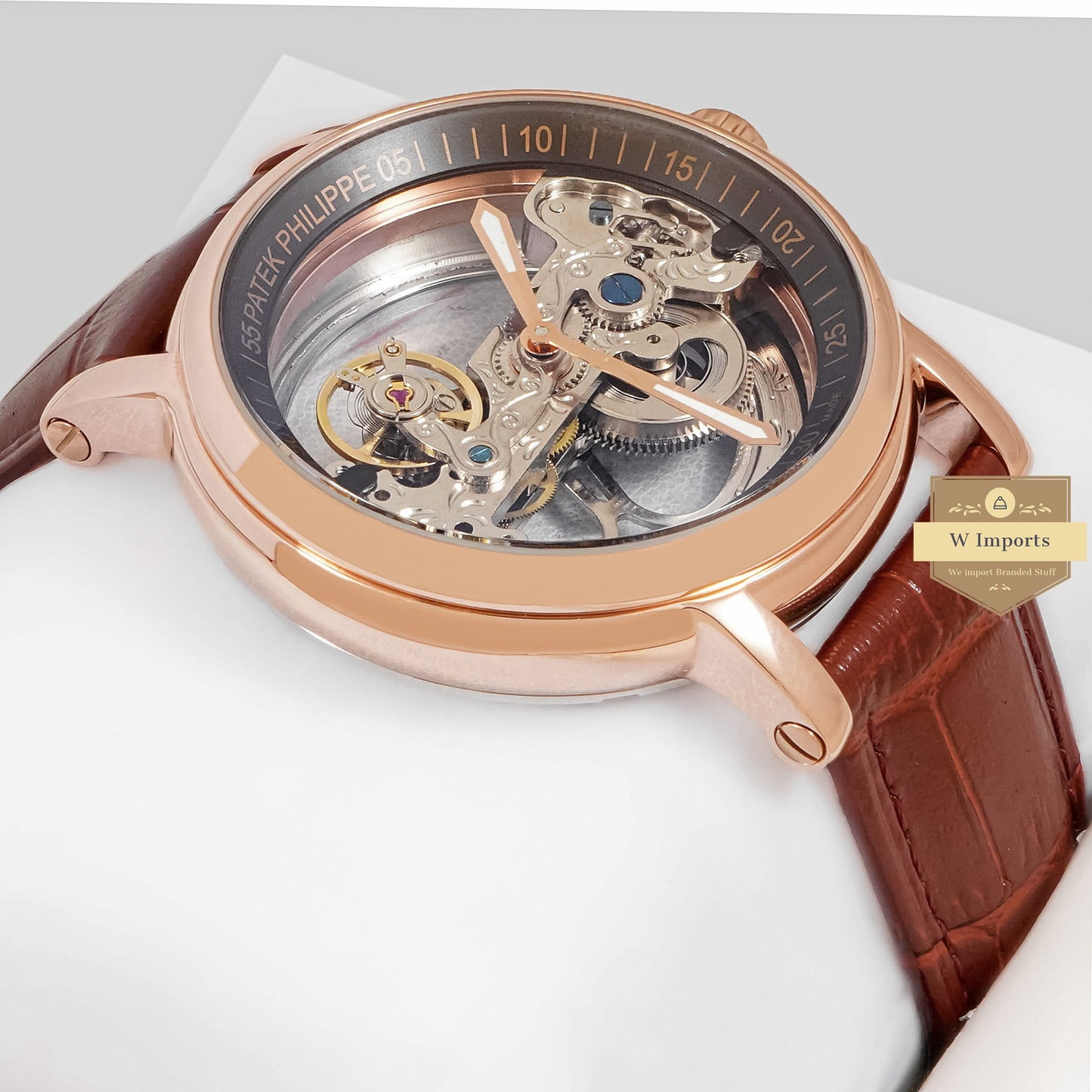 Latest Collection Rose Gold Case With Skeleton Dial & Brown Leather Strap