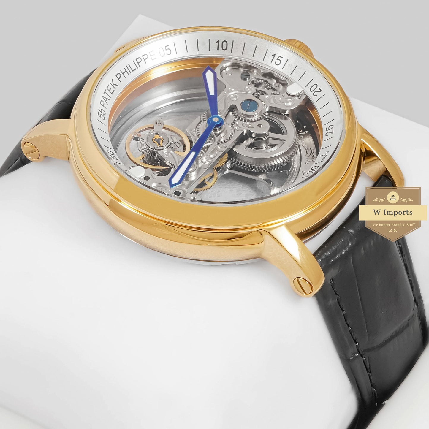 Latest Collection Yellow Gold Case With Skeleton Dial & Black Leather Strap For Men