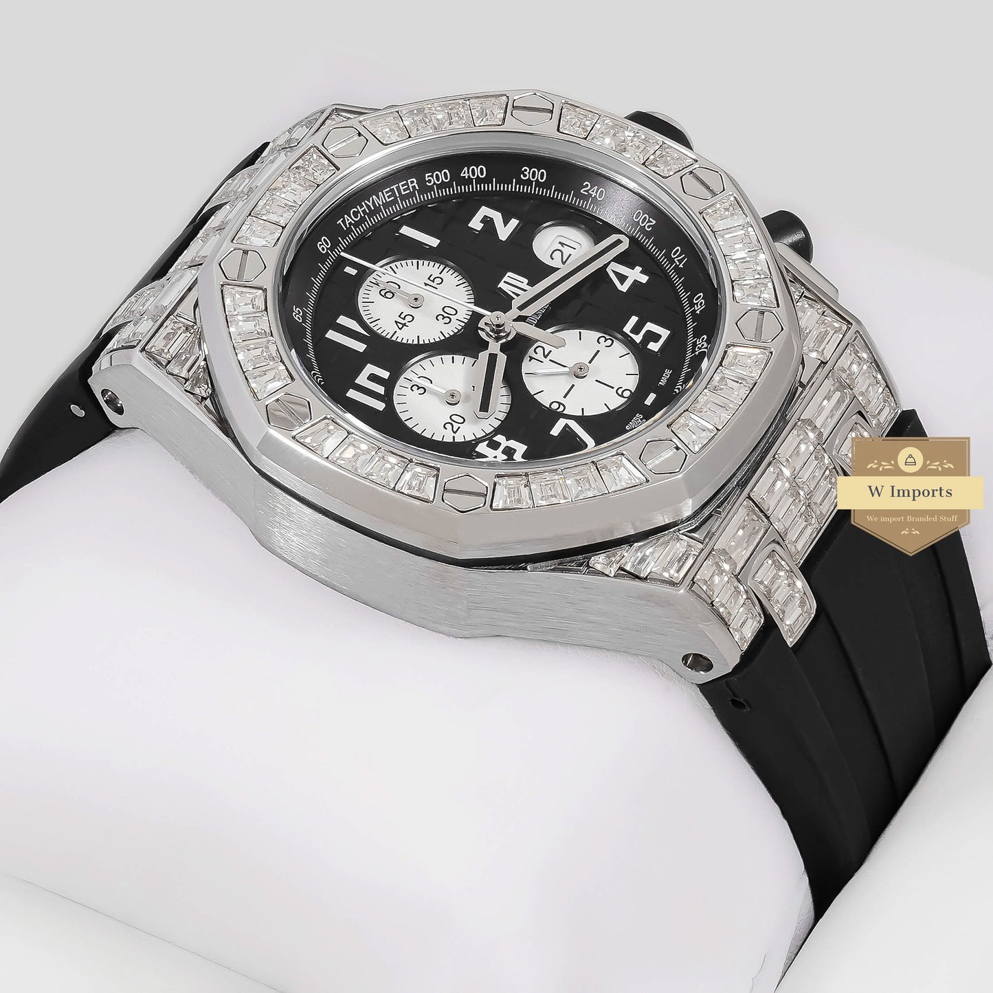 LATEST COLLECTION CHRONOGRAPH SILVER STONED BEZEL WITH BLACK DIAL & RUBBER STRAP