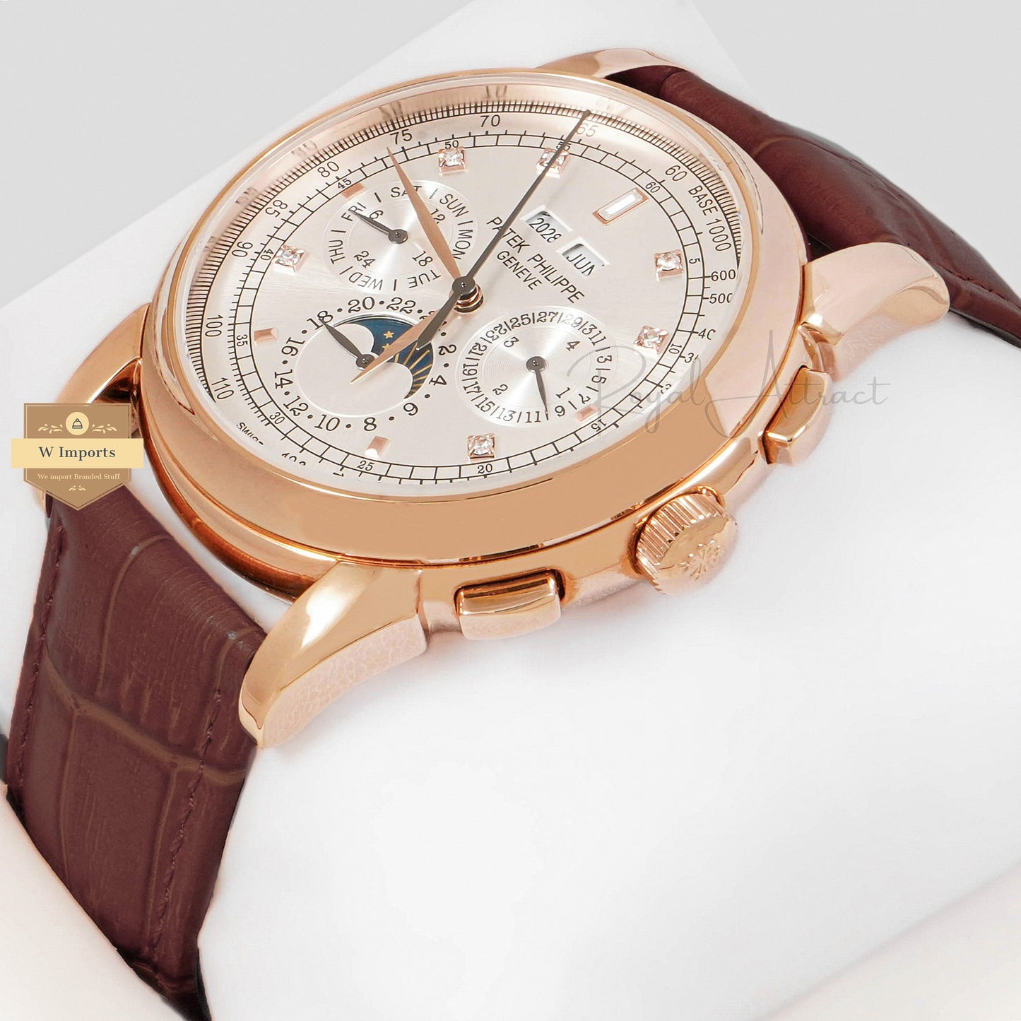 LATEST COLLECTION MOON PHASE ROSE GOLD CASE WITH SILVER DIAL & BROWN LEATHER STRAP