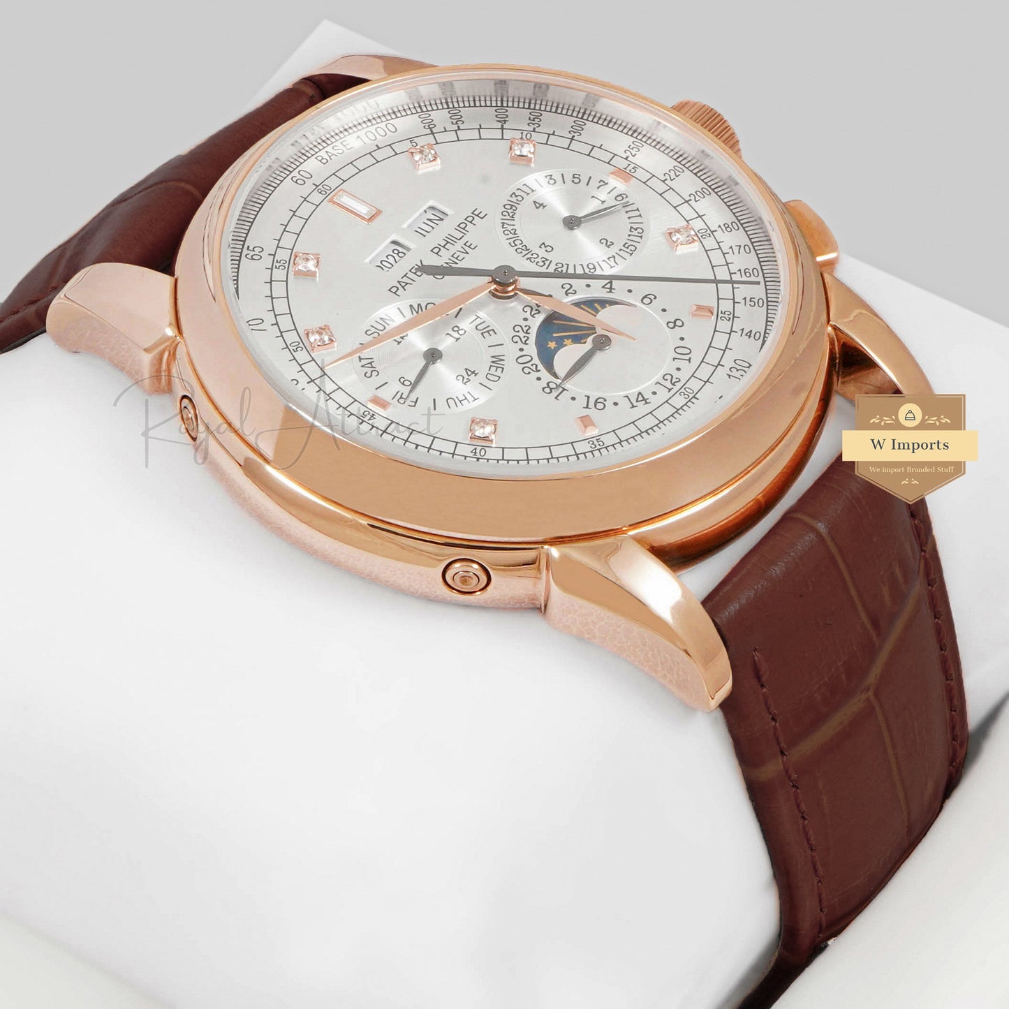 LATEST COLLECTION MOON PHASE ROSE GOLD CASE WITH SILVER DIAL & BROWN LEATHER STRAP