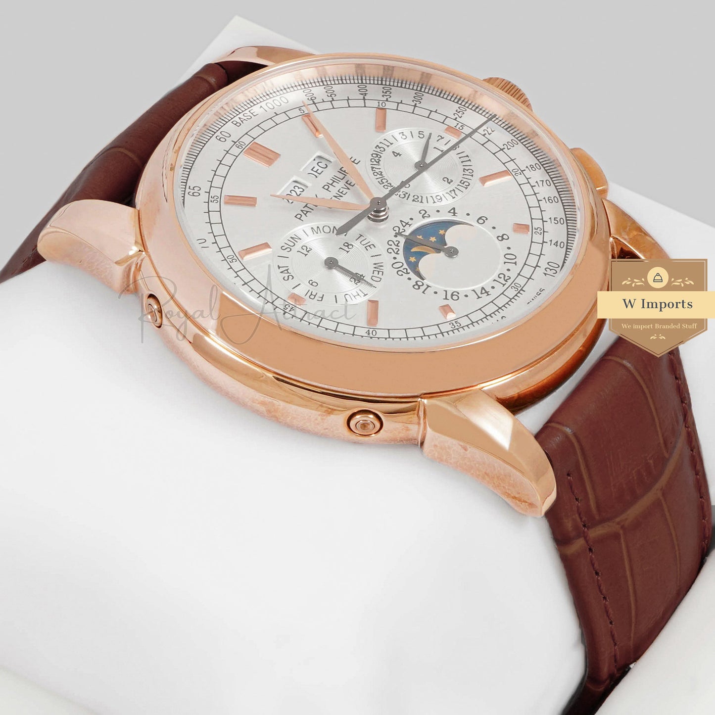 LATEST COLLECTION MOON PHASE ROSE GOLD CASE WITH SILVER DIAL & BROWN LEATHER STRAP