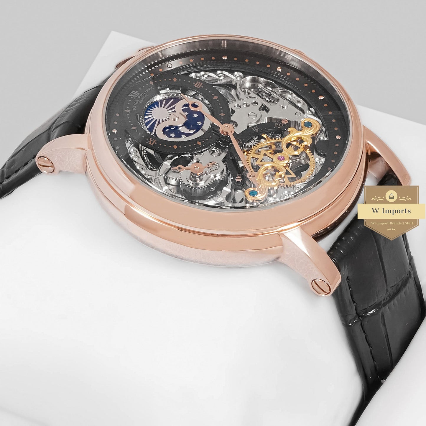 Latest Collection Tourbillon Moon Phase Rose Gold Case With Skeleton Dial & Leather Strap Men's Watch