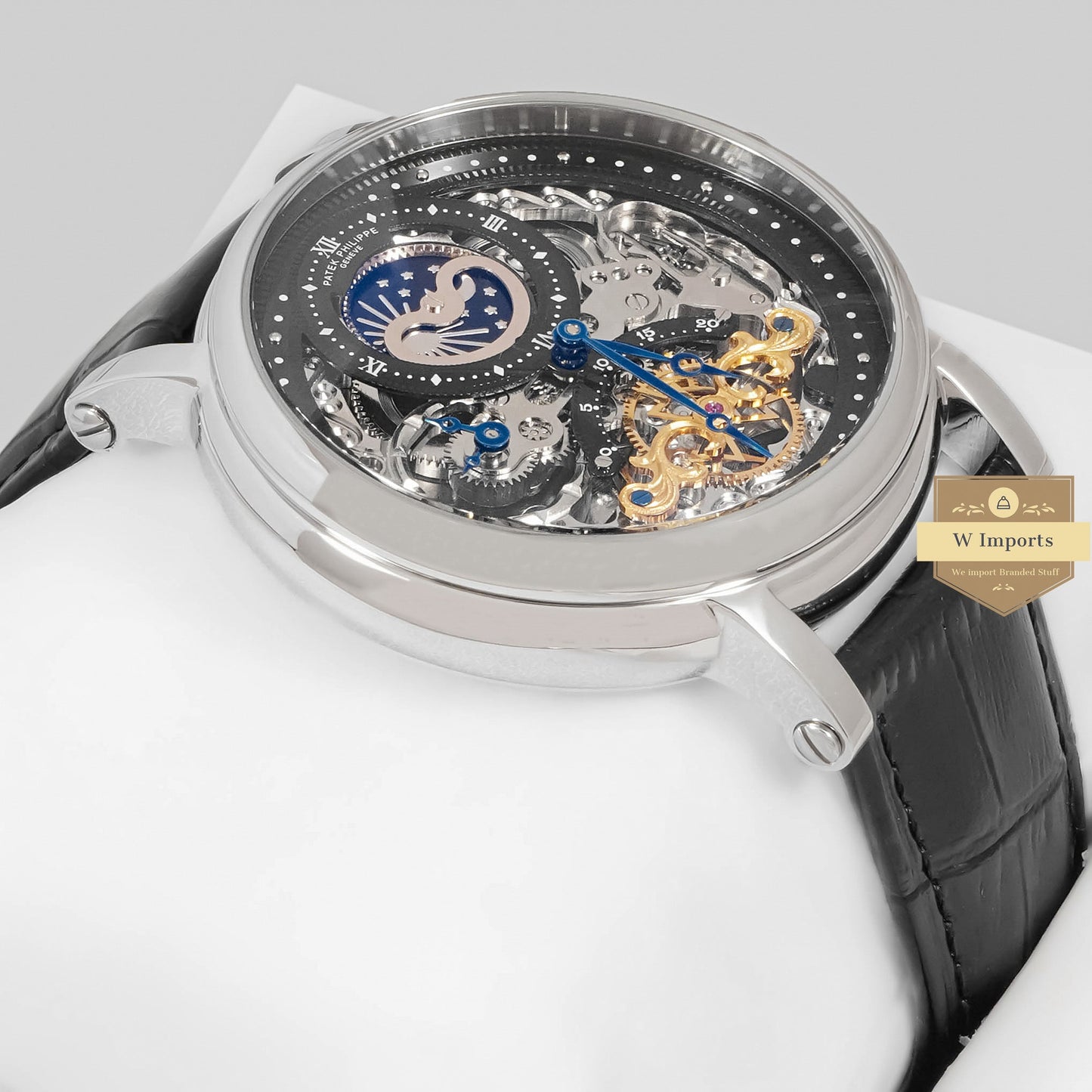 LATEST COLLECTION TOURBILLON MOON PHASE SILVER CASE WITH SKELETON DIAL & LEATHER STRAP
