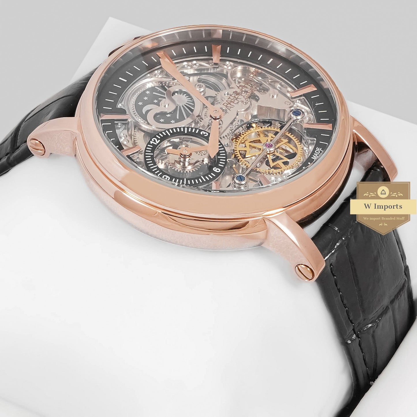 Latest Collection Tourbillon Moon Phase Rose Gold Case With Skeleton Dial & Black Leather Strap Watch For Men