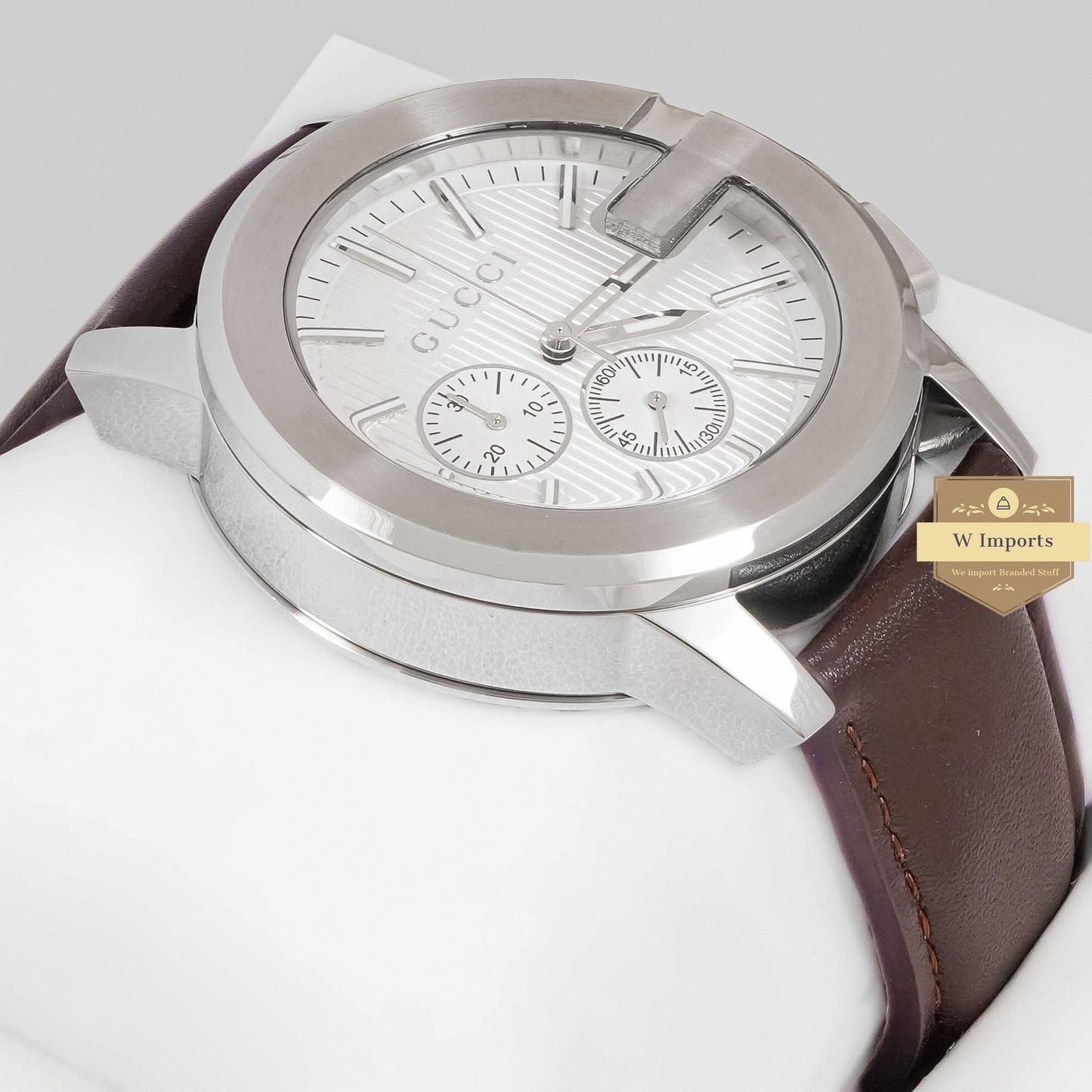 LATEST COLLECTION CHRONOGRAPH SILVER CASE WITH WHITE DIAL & BROWN LEATHER STRAP