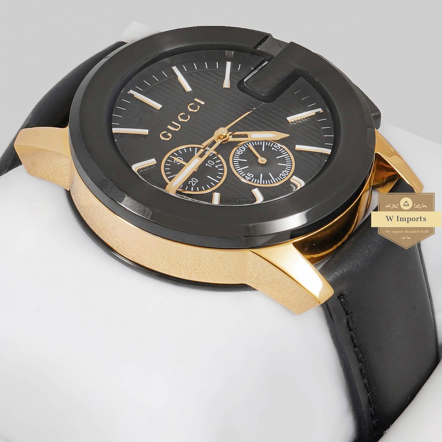 LATEST COLLECTION CHRONOGRAPH YELLOW GOLD CASE WITH BLACK DIAL & LEATHER STRAP