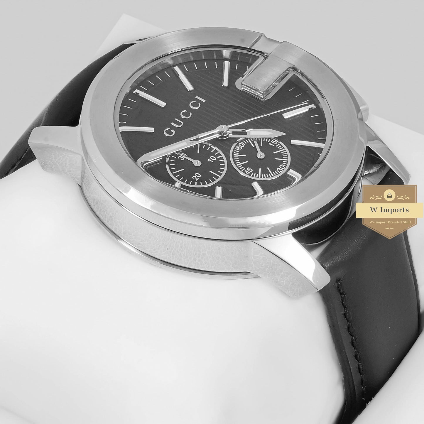 LATEST COLLECTION CHRONOGRAPH SILVER CASE WITH BLACK DIAL & LEATHER STRAP