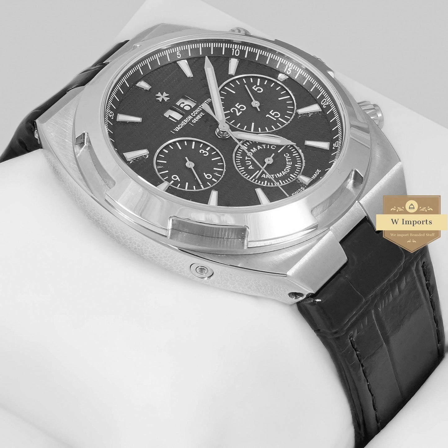 LATEST COLLECTION CHRONOGRAPH SILVER CASE WITH BLACK DIAL & LEATHER STRAP
