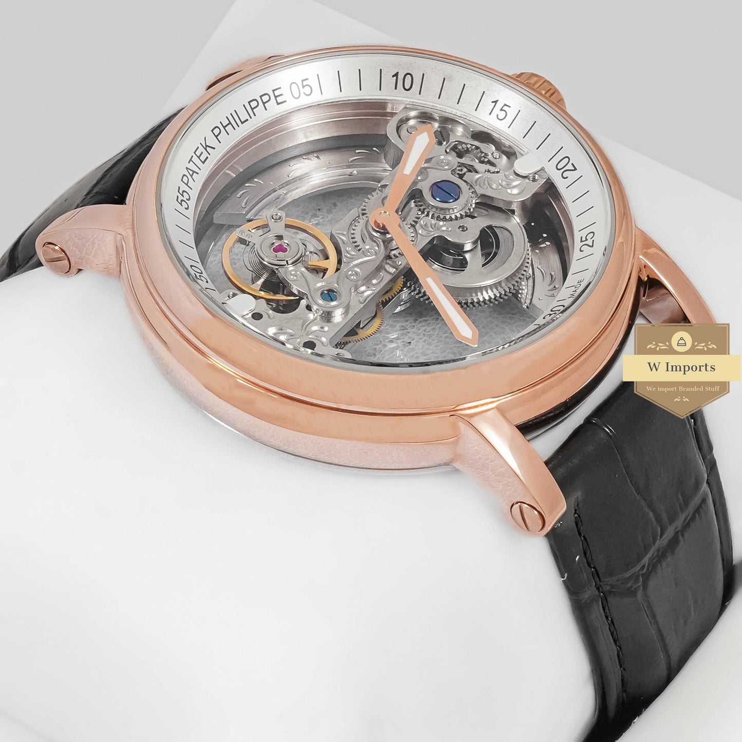 Latest Collection Transparent Skeleton Dial With Rose Gold Case & Black Leather Strap For Men