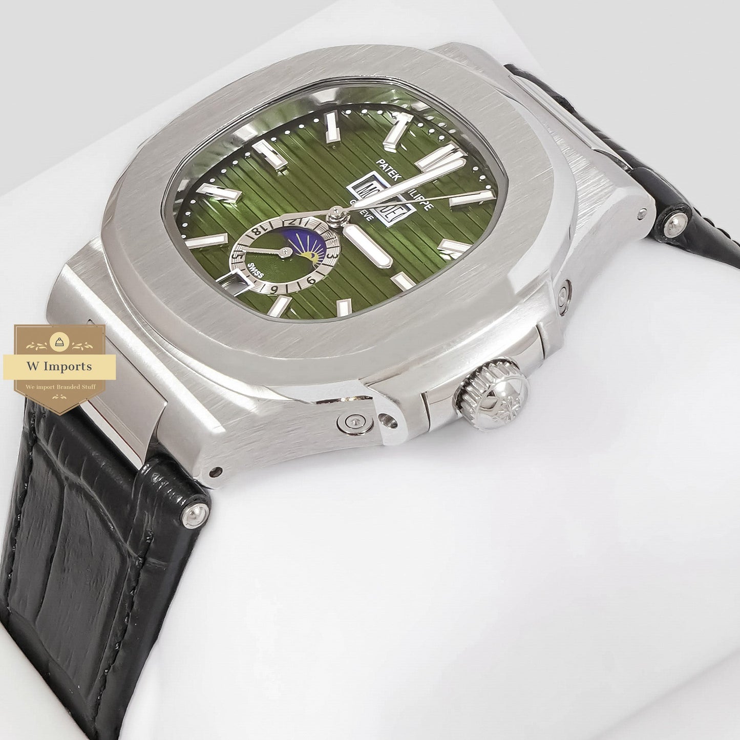 LATEST COLLECTION ANNUAL CALENDER MOON PHASE SILVER CASE WITH GREEN DIAL & BLACK LEATHER STRAP