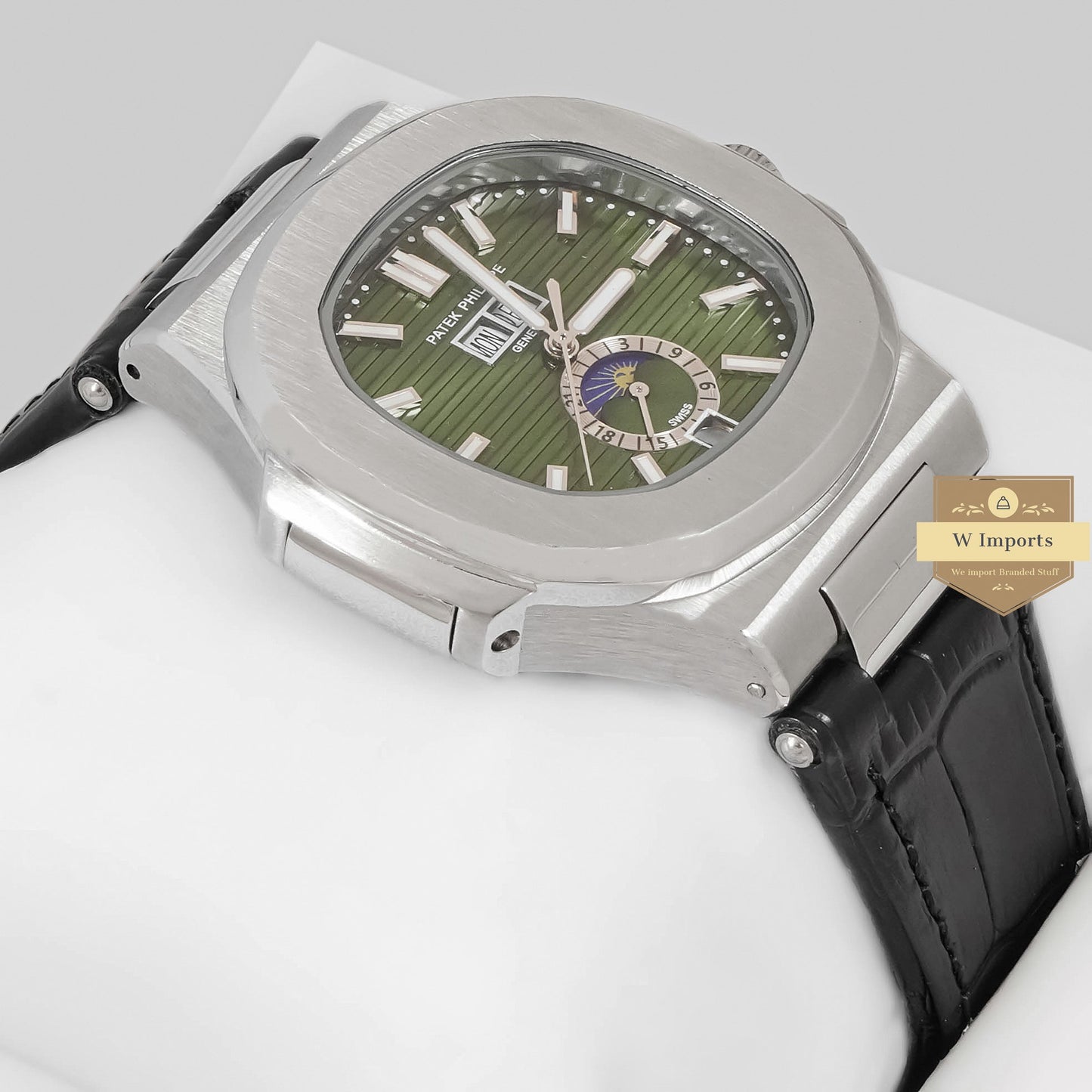 LATEST COLLECTION ANNUAL CALENDER MOON PHASE SILVER CASE WITH GREEN DIAL & BLACK LEATHER STRAP