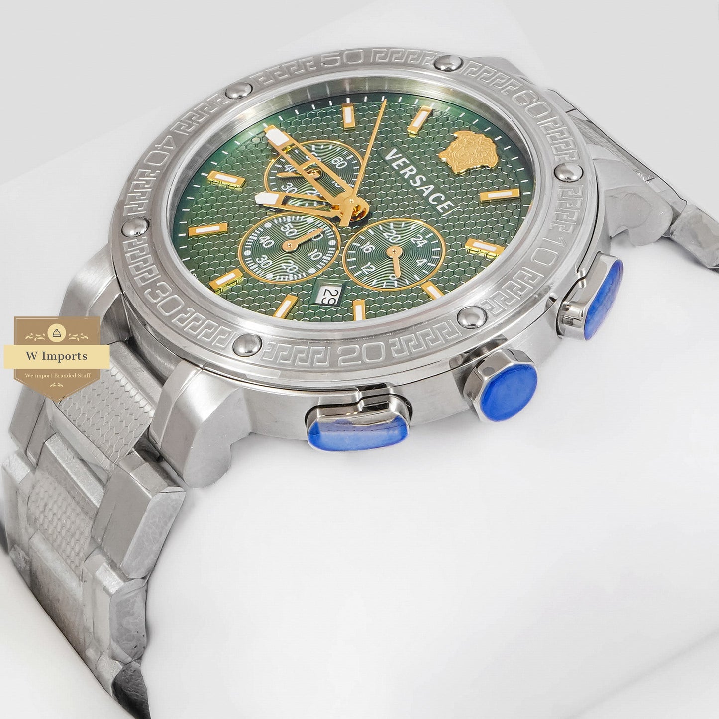 LATEST COLLECTION CHRONOGRAPH SILVER STAINLESS STEEL WITH GREEN DIAL & GOLD INDEX