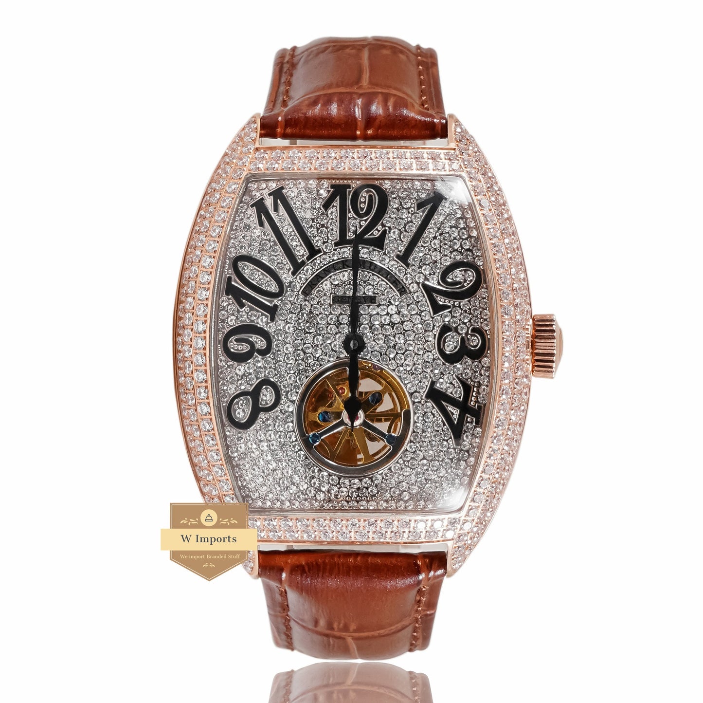 LATEST COLLECTION TOURBILLON ROSE GOLD STONE CASE & DIAL WITH BROWN LEATHER STRAP