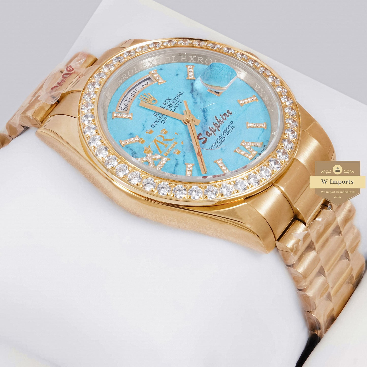LATEST COLLECTION 40 YELLOW GOLD WITH BLUE DIAL STONE BEZEL AUTOMATIC WATCH ZR FACTORY